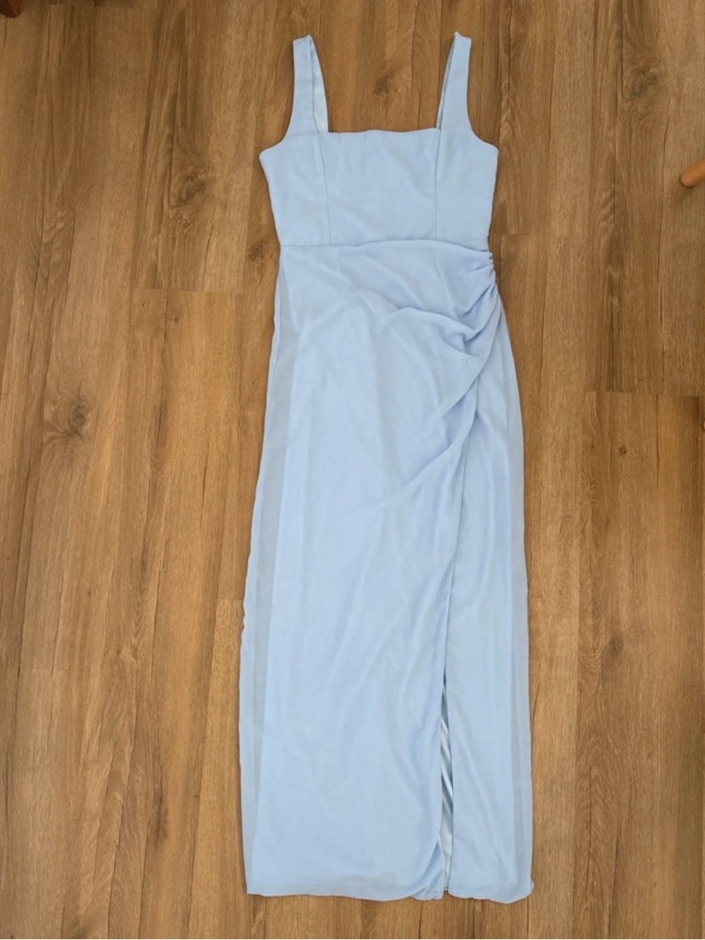 Lulus square neck light blue ruched side slit dress